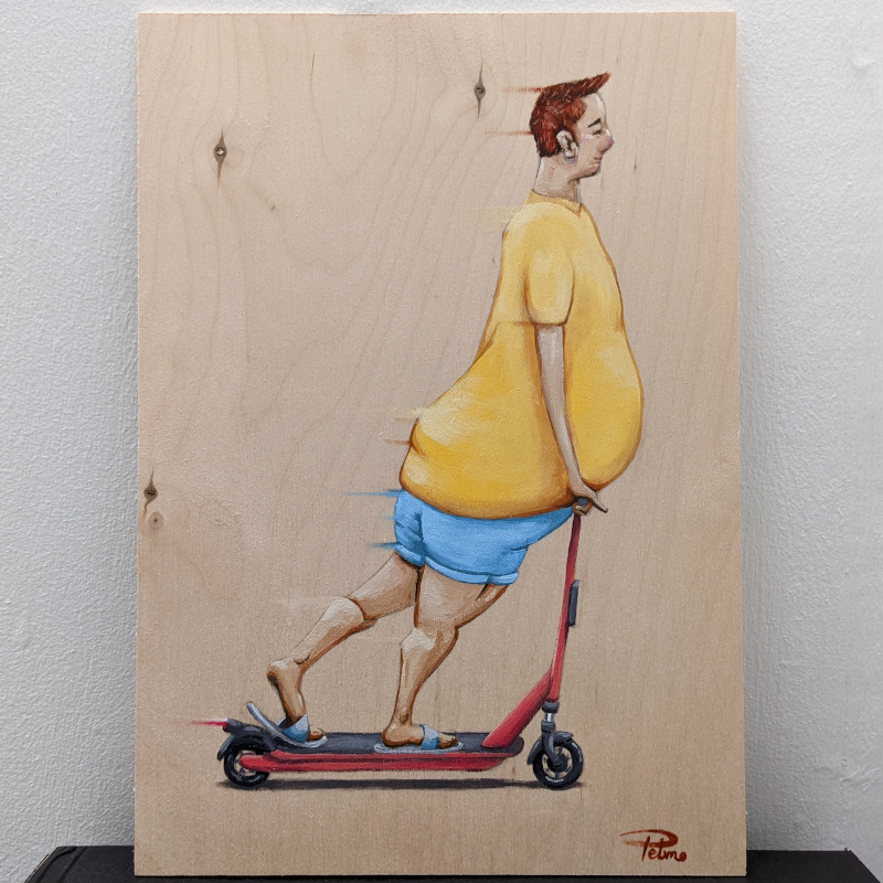 Painting of man with ginger hair riding an electric scooter